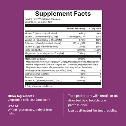 Magnesium Complex for Women, 240 Vegetarian Capsules | 20-In-1 Formula - Magnesium Blend with Vitamin D3, K2, Ashwagandha & More | Filler Free, Non-Gmo