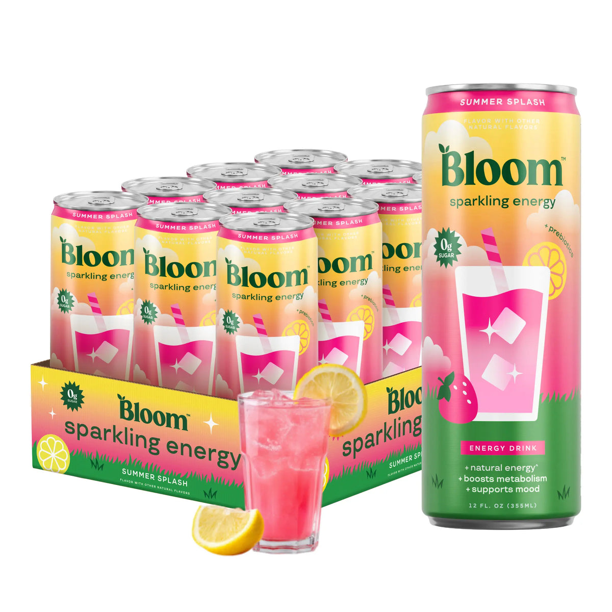 Summer Splash - Bloom Sparkling Energy Drink - Limited Time Flavor - Natural Caffeine, Zero Sugar, 180Mg Caffeine - Antioxidant-Rich with Green Coffee Bean, Green Tea Extract, Prebiotics, 12Oz 12 Pack