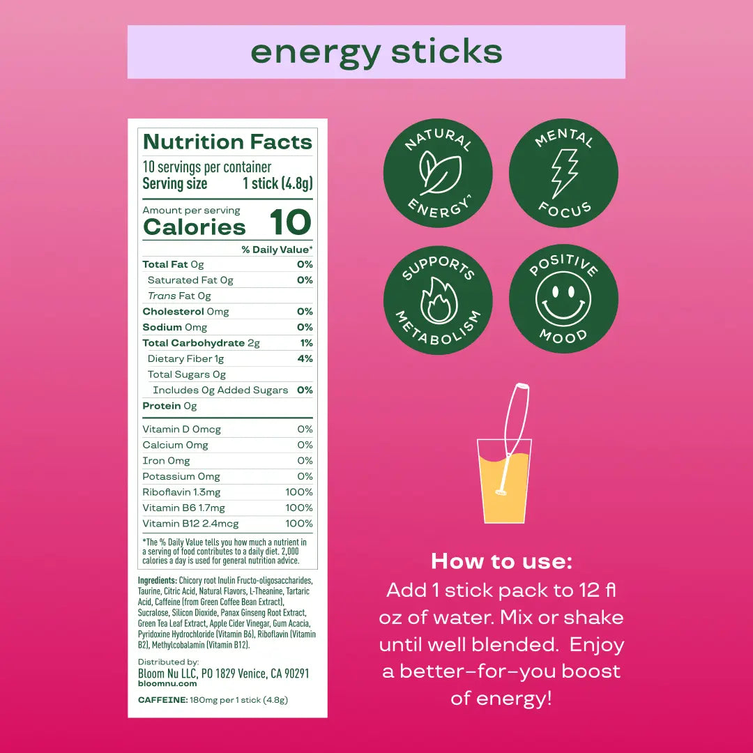 Bloom Nutrition Energy Sticks (10 Sticks) – Focus & Metabolism Support – Natural Caffeine & B Vitamins