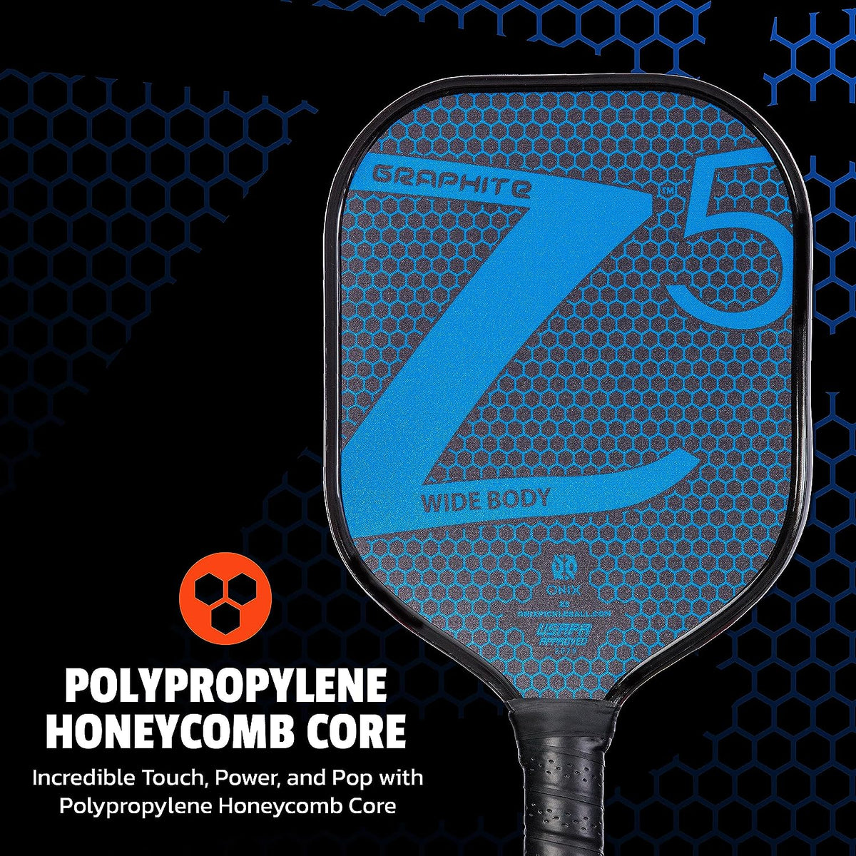 Graphite MOD Z5 Carbon Fiber Pickleball Paddle with Wide-Body Shape. Honeycomb Core, Graphite Face & Cushion Comfort Pickleball Paddle Grip