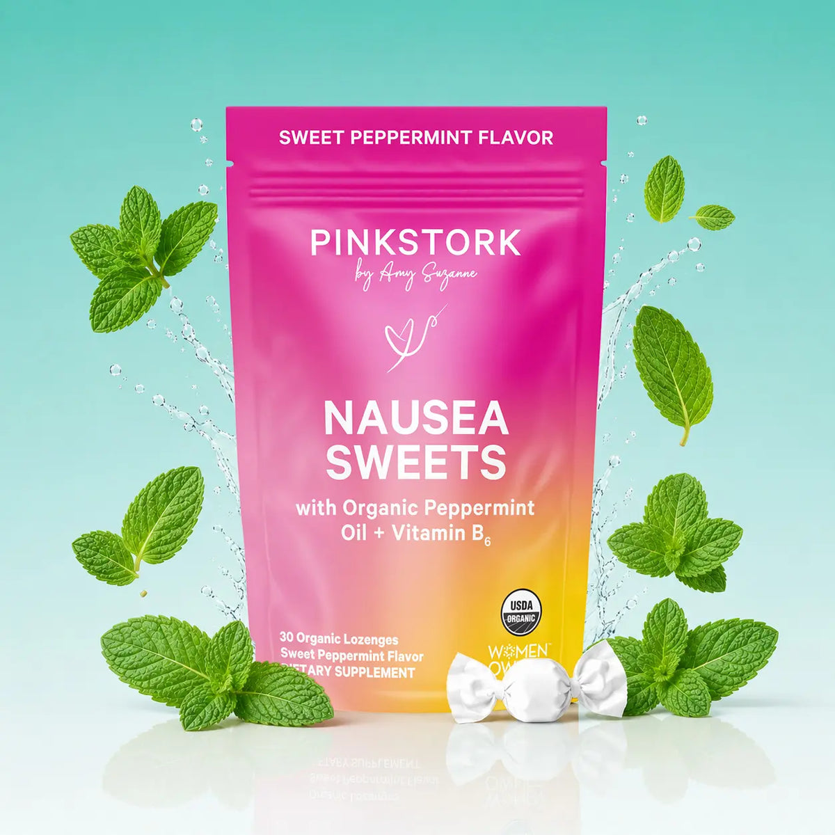 Pink Stork Nausea Support Sweets with Vitamin B6 | 3 Flavors Available | USDA Organic | Peppermint | Ginger | Women'S Edible Selfcare Digestive Health Blended Vitamins and Minerals Supplements Chewables Balance Gummies
