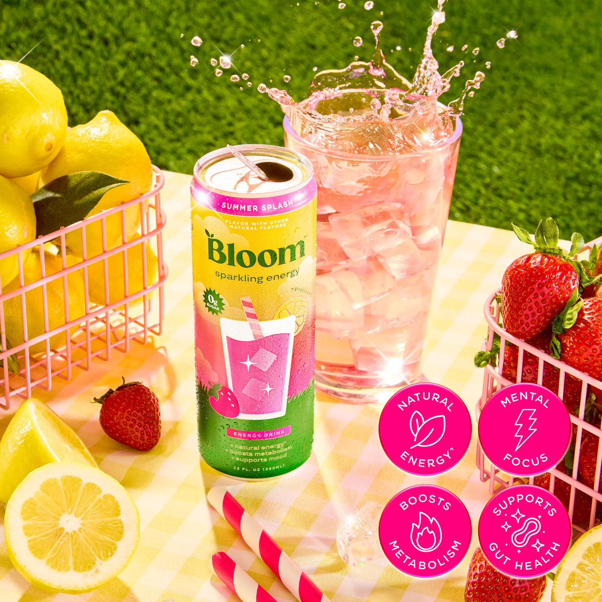 Summer Splash - Bloom Sparkling Energy Drink - Limited Time Flavor - Natural Caffeine, Zero Sugar, 180Mg Caffeine - Antioxidant-Rich with Green Coffee Bean, Green Tea Extract, Prebiotics, 12Oz 12 Pack