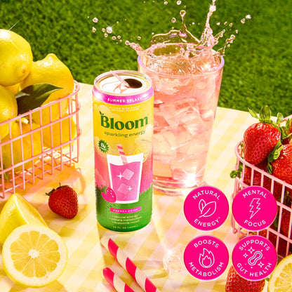 Summer Splash - Bloom Sparkling Energy Drink - Limited Time Flavor - Natural Caffeine, Zero Sugar, 180Mg Caffeine - Antioxidant-Rich with Green Coffee Bean, Green Tea Extract, Prebiotics, 12Oz 12 Pack