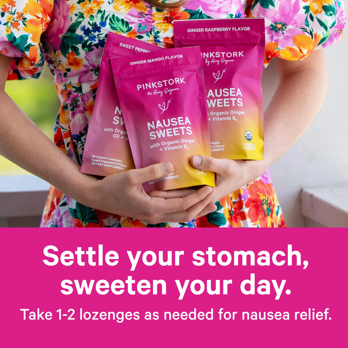 Pink Stork Nausea Support Sweets with Vitamin B6 | 3 Flavors Available | USDA Organic | Peppermint | Ginger | Women'S Edible Selfcare Digestive Health Blended Vitamins and Minerals Supplements Chewables Balance Gummies