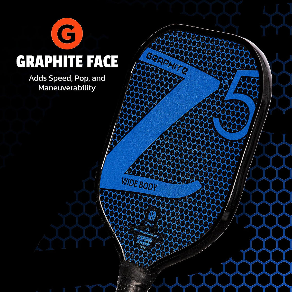 Graphite MOD Z5 Carbon Fiber Pickleball Paddle with Wide-Body Shape. Honeycomb Core, Graphite Face & Cushion Comfort Pickleball Paddle Grip