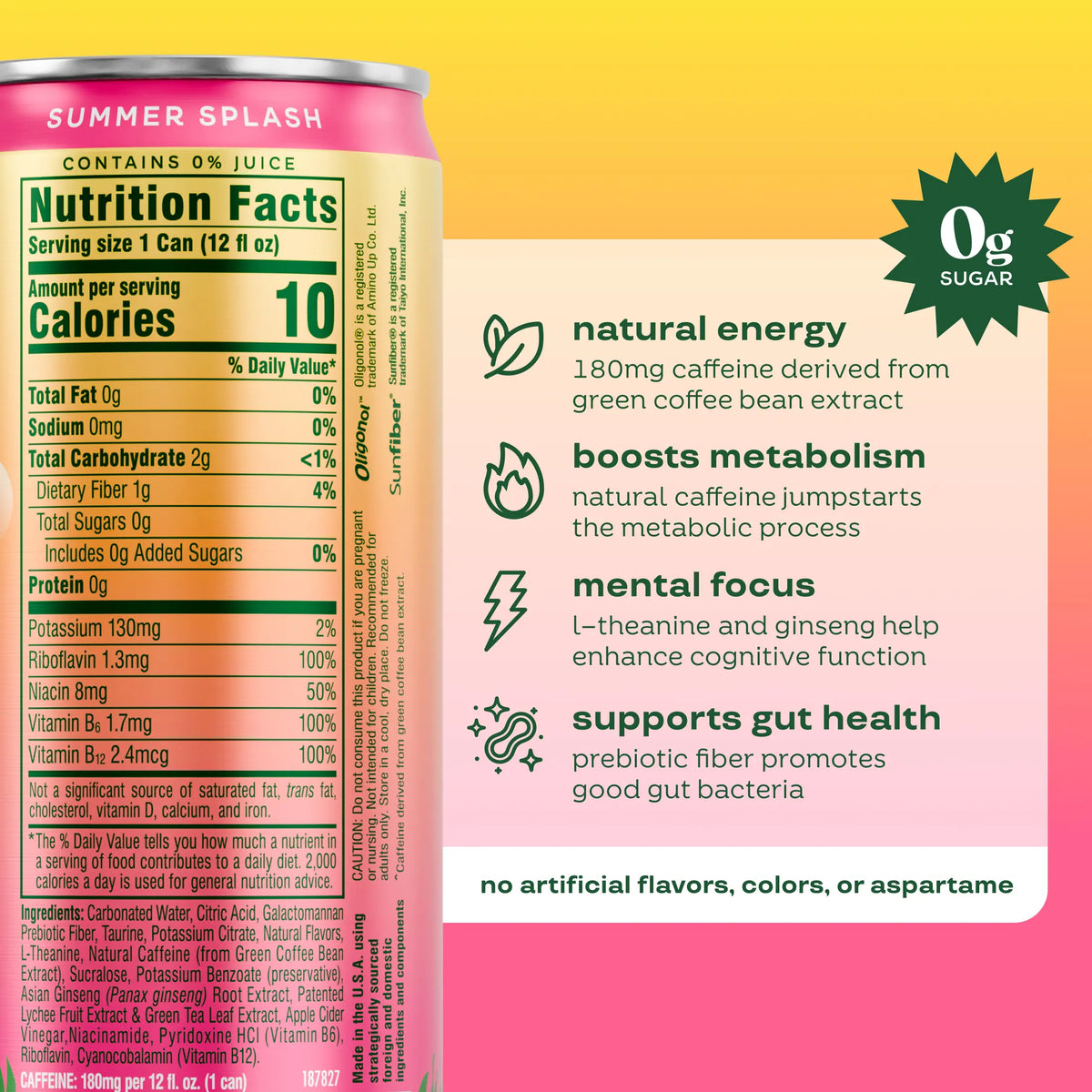Summer Splash - Bloom Sparkling Energy Drink - Limited Time Flavor - Natural Caffeine, Zero Sugar, 180Mg Caffeine - Antioxidant-Rich with Green Coffee Bean, Green Tea Extract, Prebiotics, 12Oz 12 Pack