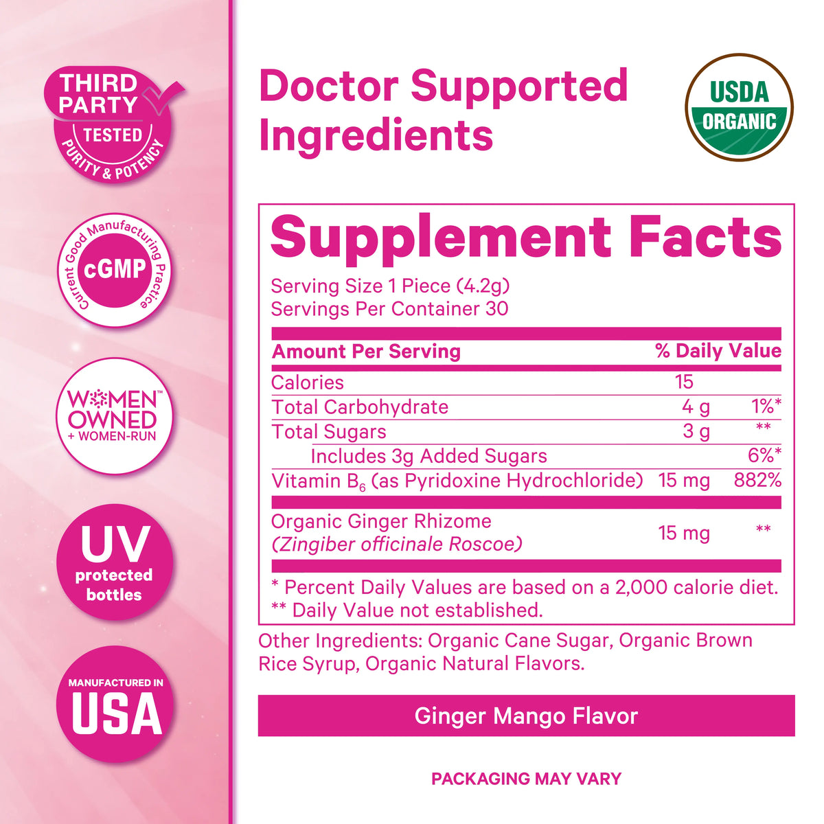 Pink Stork Nausea Support Sweets with Vitamin B6 | 3 Flavors Available | USDA Organic | Peppermint | Ginger | Women'S Edible Selfcare Digestive Health Blended Vitamins and Minerals Supplements Chewables Balance Gummies